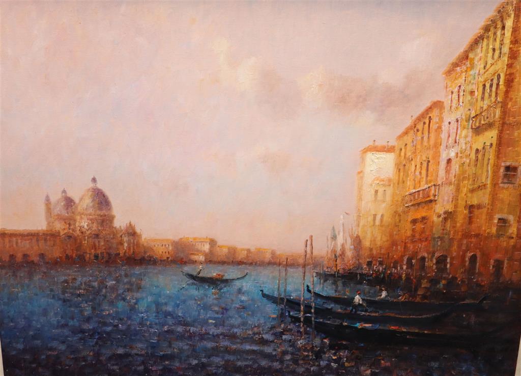 Lazlo Ritter (Hungarian, b.1938), oil on canvas, Venice Light, Webster Gallery receipt verso, 70 x 90cm